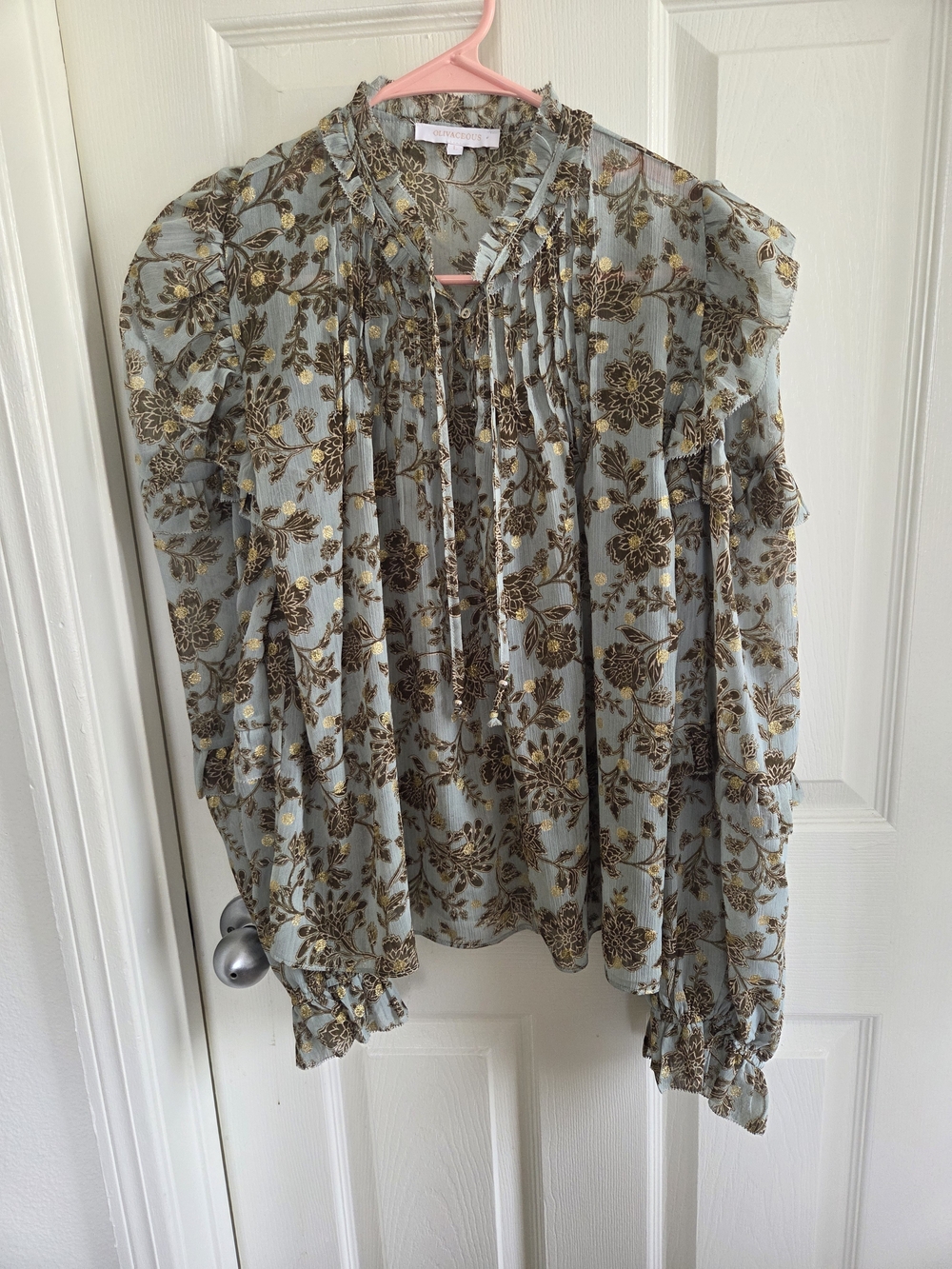 Olivaceous Floral Ruffle Tie-Neck Blouse Size Large